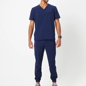 Conjunto de Uniforme Médico Azul Marino para Hombre, Camiseta de Manga Corta con Cuello en V y Pantalones, Uniformes de Hospital, Tela de Algodón y Poliéster - Product Image 1