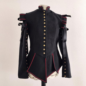 Black Wool Doublet with Red Details and Detachable Sleeves 17th Century Historical Doublet with Button Fastening - Product Image 6