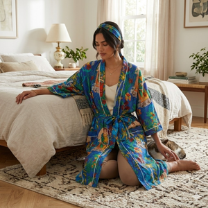 Bata Kimono de Algodón con Diseño Floral Hecha a Mano |   Ropa de dormir de manga larga con cuello en V para mujer con bolsillos |   Obra Maestra Sostenible de Larga Duración - Product Image 5