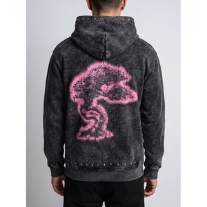 Men's Black and <b>Pink</b> Acid Wash Graphic Print Full Zip Up Hoodie Oversized Streetwear Fleece Sweatshirt with Custom Stud Detail - Product Image 5
