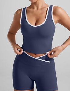 2 Piece Gym Yoga Outfits Crossover <b>Flare</b> <b>Leggings</b> Crop Tank Top with Contrast Trim - Product Image 3