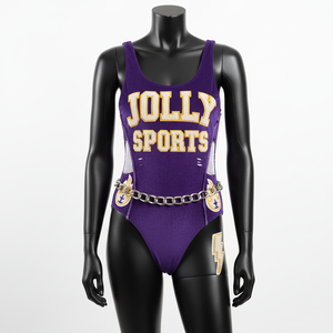 Traje de baño para mujer, 200 GSM, poliéster, spandex, tela elástica, panel de malla morado, diseño de logotipo personalizado. - Product Image 1