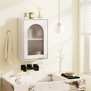 Meuble de salle de bain mural design ondulé avec porte en verre trempé, capacité de 22 lb, meuble de salle de bain design ondulé pour médicaments - Product Image 1