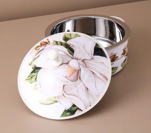 Luxury Floral Enamel Round Roaster Casserole <b>Pan</b> <b>with</b> <b>Lid</b> Vintage Style Porcelain Serving Dish for Home & Restaurant - Product Image 5