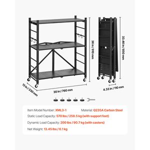 Scaffale Pieghevole in Metallo 30L X 13P X 36A Pollici, Organizzatore a 3 Ripiani con 5 Ruote, Nessun Assemblaggio Richiesto per Conservazione Alimenti - Product Image 4