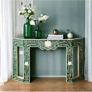 Console de salle de bain avec incrustation de nacre grise et tabouret assorti, disponible à prix de gros. - Product Image 5