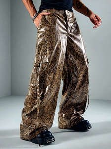 <b>Snake</b> <b>Print</b> Leather <b>Trousers</b> Lambskin Embossed Pattern Wide Leg Baggy Cut Side Pockets Glossy Finish Unisex - Product Image 4