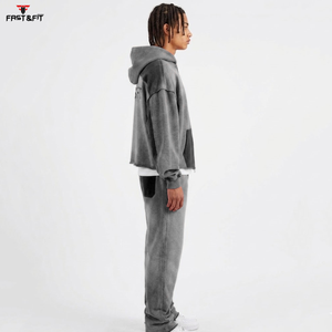 Ensemble survêtement 2 pièces personnalisé pour homme, sweat à capuche zippé et pantalon de survêtement, effet délavé, couleur unie, pour l'hiver, le sport et la gym - Product Image 3
