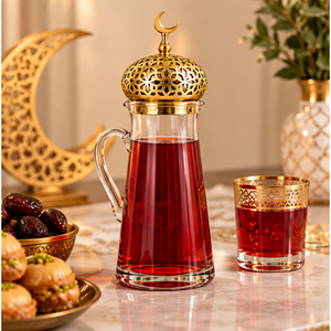 Jarra de Agua de Vidrio de Lujo Estilo Medio Oriente con Tapa Dorada en Forma de Cúpula, Elegante Decoración de Mesa para Ramadán, Jarra para Jugo con Adorno de Luna Creciente - Product Image 2