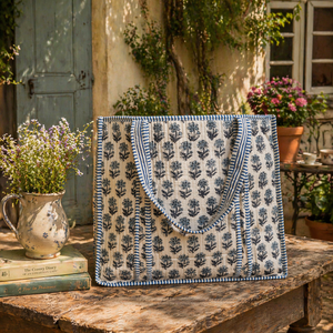 Bolso de Mano de Algodón con Estampado Floral Azul, Bolso Tote Acolchado, Bolso de Hombro Ligero para Mujer, Bolso de Compras - Product Image 1