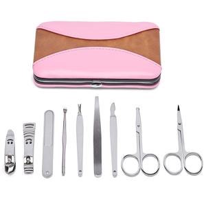 <b>Pink</b> Leather Manual Manicure Set with 9 Stainless Steel <b>Tools</b> CE Certified Class I for Nail Care and Grooming - Product Image 1