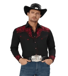 Camisa Vaquera Occidental para Hombre, Manga Larga, Bordado Floral, Cuello Camisero, Estilo Casual Country - Product Image 1