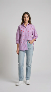 Chemise élégante rayée lavande en coton pour femme, haut décontracté d'été à manches longues, tissu léger et stylé, fournisseur en gros - Product Image 3