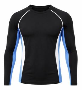 Camiseta Deportiva de Manga Larga para Hombre, Cuello Redondo, Corte Ajustado, Secado Rápido, Transpirable, Ecológica, con Bloques de Color Negro, Azul y Blanco, Tejido de Punto - Product Image 1