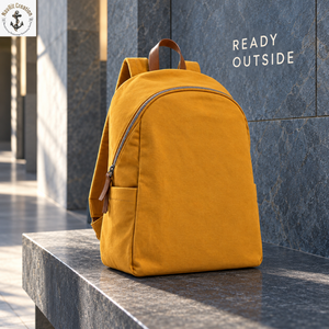 Mustard Canvas Student <b>Backpack</b> with Curved Zipper | Minimal <b>College</b> School Bag with Brown Top Loop for Daily Carry and Travel - Product Image 2