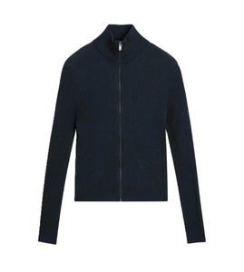 Suéter Negro de Punto Acanalado con Cierre para Mujer, Manga Larga, Cuello Alto, Diseño Minimalista, Poliéster y Algodón, para Otoño - Product Image 4
