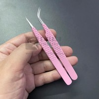 Pince à épiler professionnelle Diamond Grip pour extensions de cils, 90 degrés, droite et courbée, en acier inoxydable, rose pâle, pour cils délicats