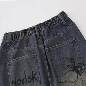 Pantalones Cortos de Mezclilla de Cintura Alta para Hombre, Corte Recto, Estampado de Telaraña, Algodón Lavado, Estilo Casual de Verano - Product Image 4