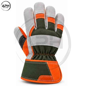 Guantes de Trabajo Color Verde Oliva Grisáceo y Naranja con Refuerzo Texturizado en la Palma, Puño Elástico y Puño de Guante Extendido - Product Image 4