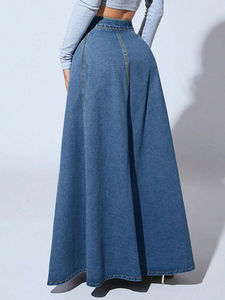Jupe longue en jean taille haute coupe trapèze avec boutons sur le devant, coupe ample, en coton délavé, pour femme, décontractée, printemps - Product Image 2