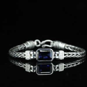 Gold Plated 925 Sterling Silver Men's Retro Punk Style Hand Braided Inlaid Blue Zircon Chain & Link Bracelet - Product Image 1