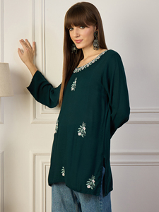 Women's Dark Green Viscose Kurta with Embroidered Neck and Floral Details Loose Fit Midi Length Casual Indian Ethnic Wear - Product Image 4