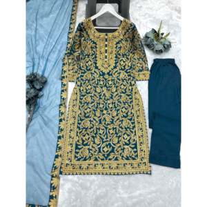 Belle broderie et pierre travail à la main Dupatta Top-Bottom Set Taille 2XL - Product Image 2