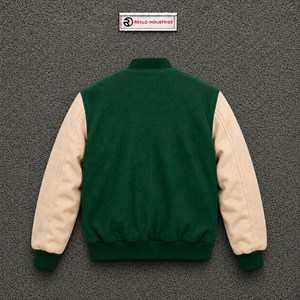 แจ็คเก็ตวาร์ซิตี้ขนสัตว์สีเขียวเข้มแบบกำหนดเองพร้อมแขนเสื้อสีขาวครีมสำหรับผู้ชาย ขายส่งแจ็คเก็ตเบสบอลแบบ Letterman พรีเมียมคลาสสิก - Product Image 6