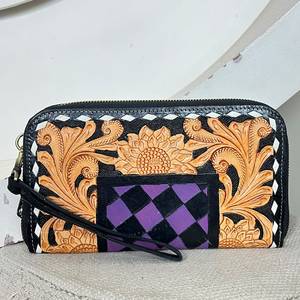 Premium Handcrafted Hand Tooled Genuine Leather Floral Checkered Pattern <b>Card</b> <b>Holder</b> Wallet For Women's Everyday Use Clutches - Product Image 6