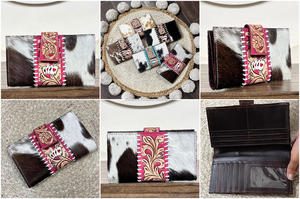 Carteras de cuero repujado a mano 2026, diseño floral occidental, de piel de vaca con pelo, carteras de señora hechas a mano, bolsos de mano occidentales para mujer - Product Image 3