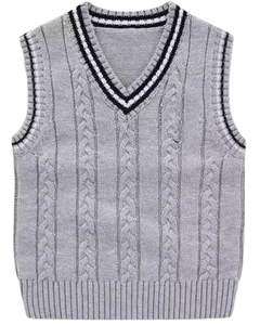 Chaleco de Punto Gris con Ribete Negro, Manga Regular, 100% Algodón, con Patrón de Letras, Cuello en V, Suave y Cálido, para Invierno - Product Image 1