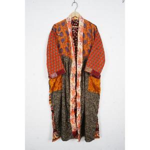 Robe kimono en soie pour femme, design sari indien, col en V, fermeture à cordon, manches longues, respirante, motif floral, luxe vintage - Product Image 4