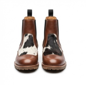 Brown Leather Cow Print Chelsea Boots Round Toe <b>Slip</b>-<b>On</b> Anti-Slippery Rubber Outsole EVA Midsole All Seasons - Product Image 5
