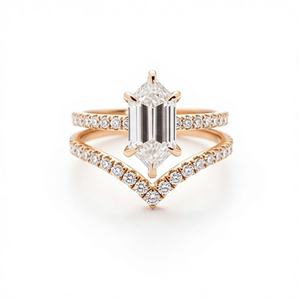 Luxury 14K Solid Gold Hexagon Step Cut Engagement <b>Ring</b> Paired with Chevron Curve Matching Eternity Wedding <b>Band</b> Bridal <b>Ring</b> Set - Product Image 1