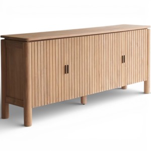 Aparador Moderno Japandi de Madera de Teca Natural, Mueble Buffet de Madera Maciza con Puertas Tambour de Listones, Almacenamiento de Lujo para Sala de Estar Estilo Rústico - Product Image 2