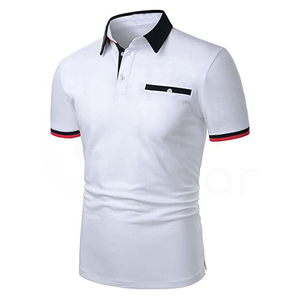 เสื้อโปโลแขนสั้นสีขาวสำหรับผู้ชายพร้อมปกสีดำและกระเป๋าดีไซน์เรียบง่ายผ้าฝ้ายระบายอากาศได้ดี - Product Image 5