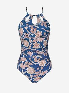 Traje de Baño Bikini Floral para Mujer, Cuello Halter, Corte Alto, Fruncido, Elástico, 100% Poliéster, Sin Costuras, Marca Privada - Product Image 2