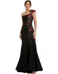Navy Embossed High Neck Natural <b>Waist</b> Chiffon <b>Beaded</b> Mermaid Flare Sleeve Sheer Illusion Floor-Length Evening Gown - Product Image 1