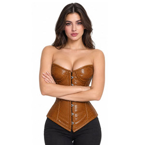 Brown <b>Leather</b> <b>Corset</b> With Snake Skin Texture Front Button Back Lace-Up Design Women Shapewear Firm Control Adult Size - Product Image 5