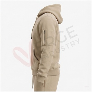 Ensemble de survêtement beige pour homme, manches longues, capuche, fermeture éclair sur le devant, couleur unie, respirant, coupe décontractée, vêtements d'automne - Product Image 3