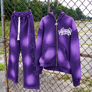 Ensemble de survêtement AIFRAN SPORTS pour homme, vert, avec sweat à capuche zippé et pantalon à étoiles en strass, hiver, 100% coton molletonné, tenue streetwear - Product Image 5