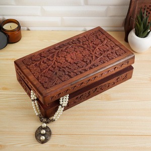 Proveedor de artesanías de madera de alta calidad, caja organizadora decorativa de joyería de madera, caja antigua de tallas florales intrincadas para Decoración - Product Image 4