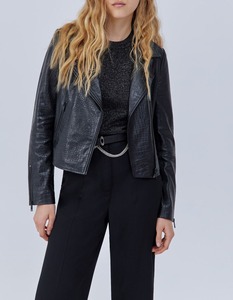 Chaqueta de Motociclista para Mujer, de Cuero Genuino con Grabado de Cocodrilo, Cuello Camisero, Manga Larga, Estilo Otoñal - Product Image 6