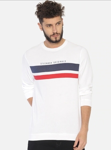 Sudadera Blanca de Cuello Redondo para Hombre, Corte Regular, Estampado a Rayas, Informal, Tejida, 100% Algodón, para Otoño - Product Image 1