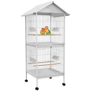 Gabbia per Allevamento Uccelli in Ferro Battuto 170 cm H, Grande Gabbia in Metallo Battuto con Supporto su Ruote, Posatoi, Contenitori Cibo, Porte e Ruote - Bianca - Product Image 1