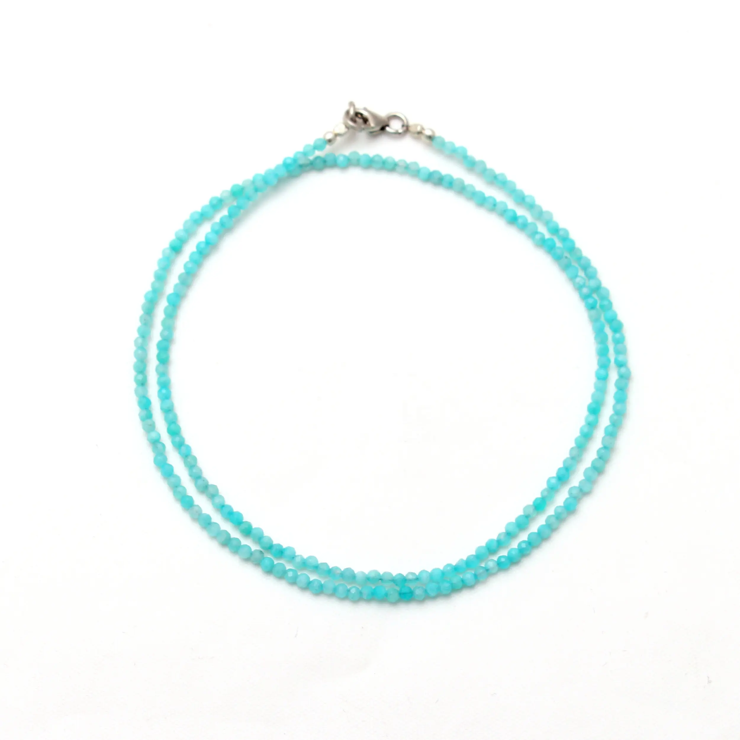 2mm Micro Faceted Green Amazonite Beaded Necklace, Sterling Silver/Rose Gold/Gold Lock Necklace Jewelry