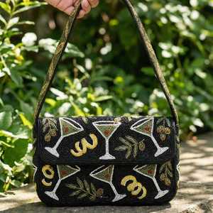Dirty Martini Cocktail Hand-Beaded Shoulder Bag - Black, <b>Green</b>, and Gold Olive <b>Purse</b> - Product Image 1