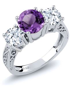 Anillo de Compromiso de Lujo para Mujer con 3 Piedras de Amatista, Plata de Ley 925 con Baño de Rodio - Elegante Anillo de Promesa con Gema Engastada en Puntas - Product Image 1