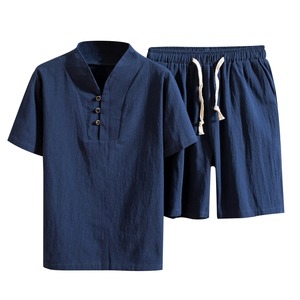 Ensemble deux pièces en coton et lin pour homme, tenue décontractée d'été respirante, chemise à manches courtes et short, vêtements de loisirs, vente en gros OEM - Product Image 3