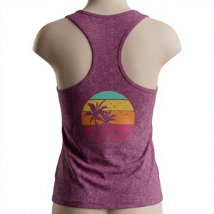 Camiseta sin mangas morada para mujer con estampado de palmeras y puesta de sol, cuello redondo, estilo casual, transpirable y de punto. - Product Image 3